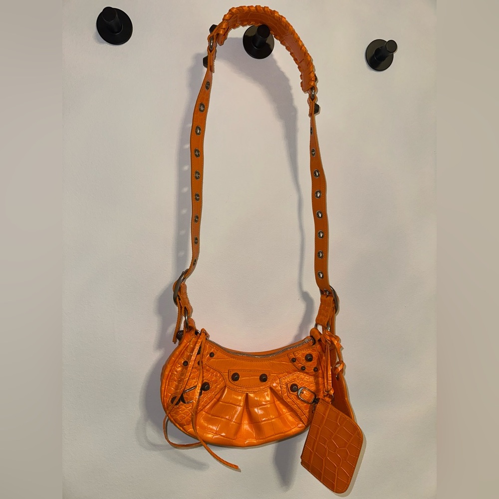 Balenciaga Orange Calfskin Crocodile Embossed Le Cagole XS Shoulder Bag